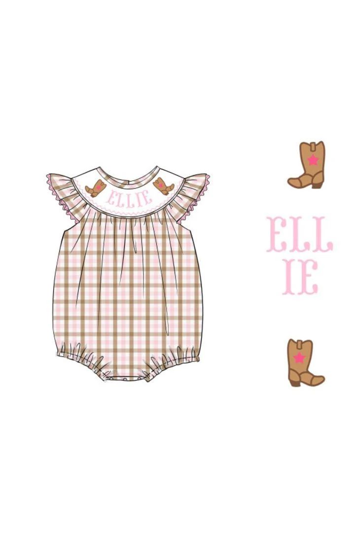 Pre-Order Hand Smocked Custom Name Pink and Tan Cowgirl Bubble | The Smocked Flamingo
