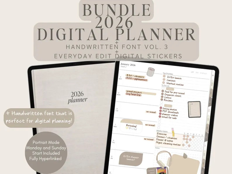 2026 Digital Planner + Handwritten Font + Digital Stickers by Allie Marie Digital, Portrait, Good... | Etsy (Global)