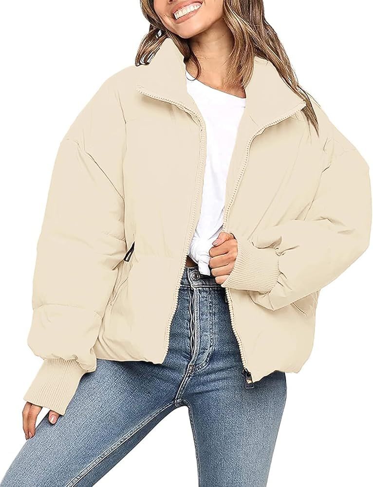 MEROKEETY Women's Winter Long Sleeve Zip Puffer Jacket Pockets Baggy Short Down Coats | Amazon (US)