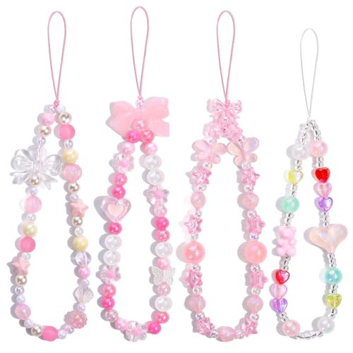 4 PCS Cute Phone Charms Aesthetic Y2K Cellphone Wrist Strap Bedazzling Bear Bow Butterfly Heart Star Flower Accessories Pink Phone Charm Beaded Anti-Theft Chain String for Bag Keychain Airpods Decor | Amazon (US)