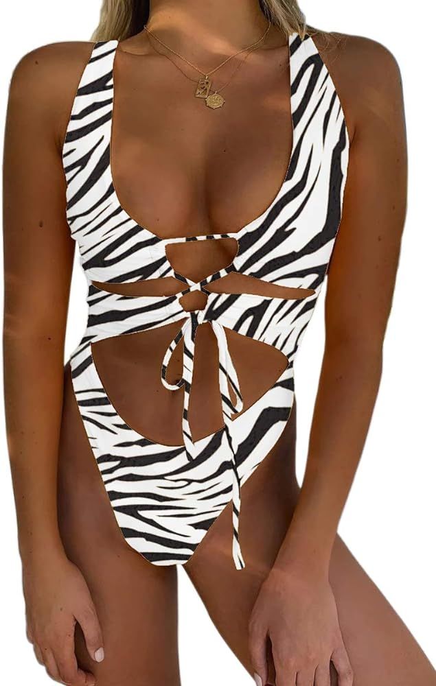 CHYRII Women's Sexy Cutout Lace Up Backless High Cut One Piece Swimsuit Monokini | Amazon (US)