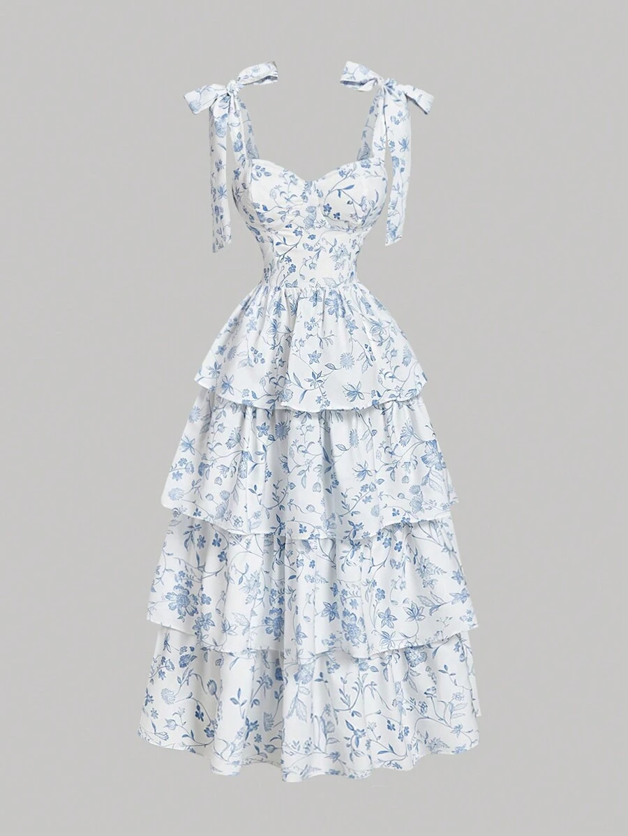 SHEIN MOD Blue & White Floral Print Ruffled Multi-Layer Tie Shoulder Waist Cinching Casual Dress,... | SHEIN