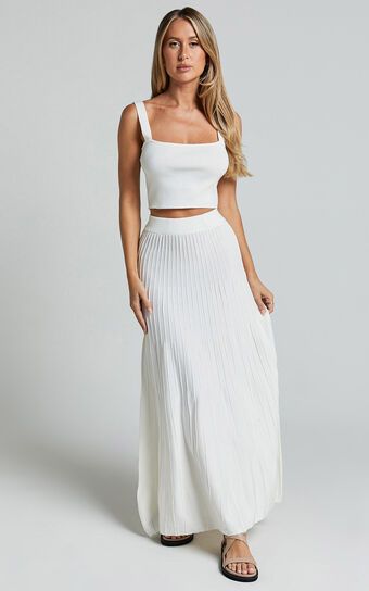 Cherylene Two Piece Set - Knitted Square Neck Crop Top and Midi Skirt Set in Off White | Showpo (US, UK & Europe)