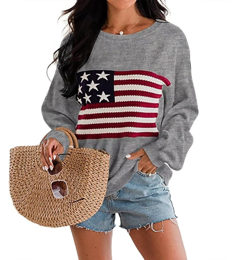 Dressmine Womens American Flag Sweater Knit Long Sleeve Crew Neck Graphic Elegant Soft Loose Pull... | Amazon (US)