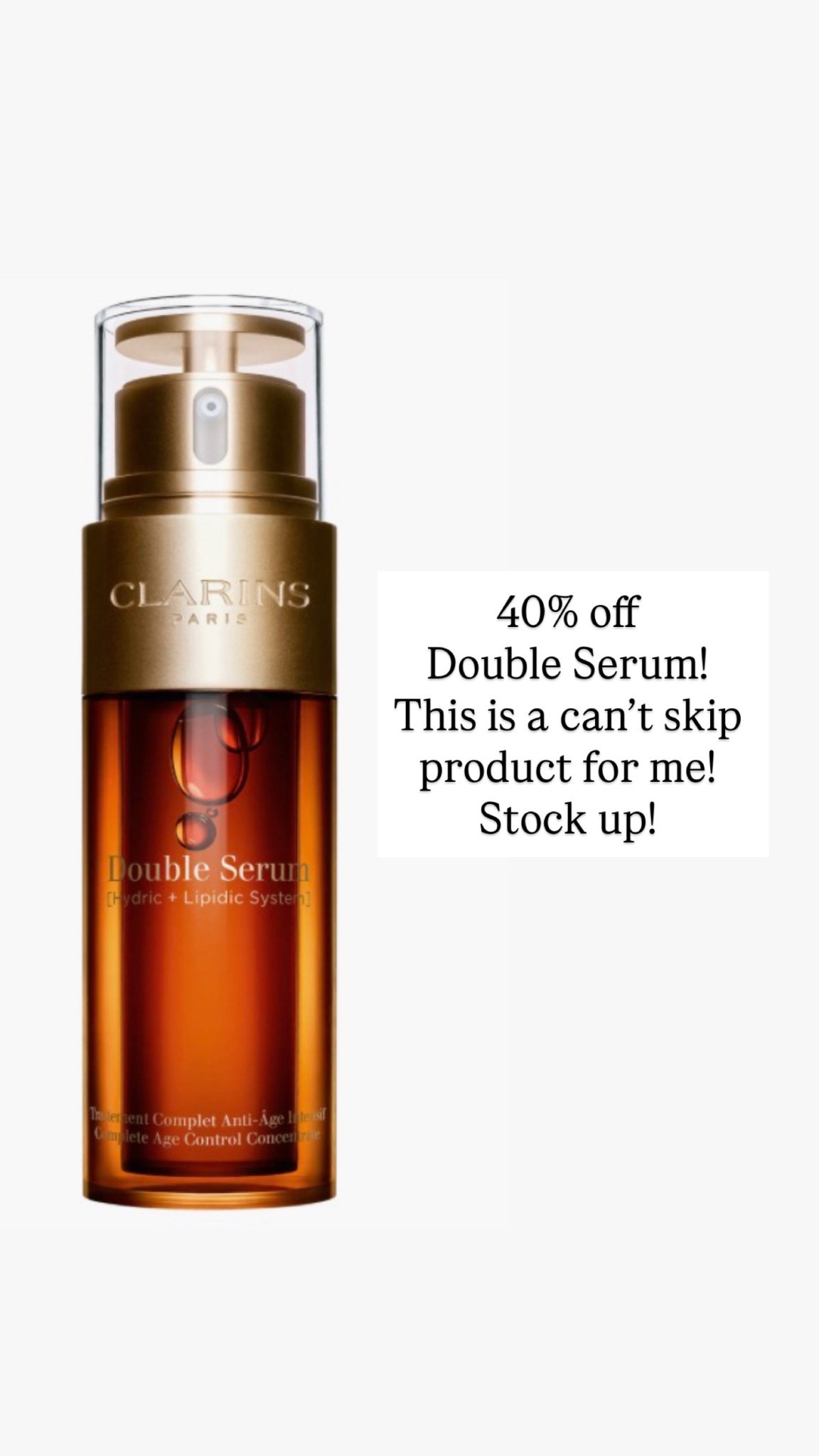 Double serum by Clarins 40% off 
Clarins 
Mature skin 
Skincare 

#LTKSaleAlert #LTKOver40 #LTKmorningroutine