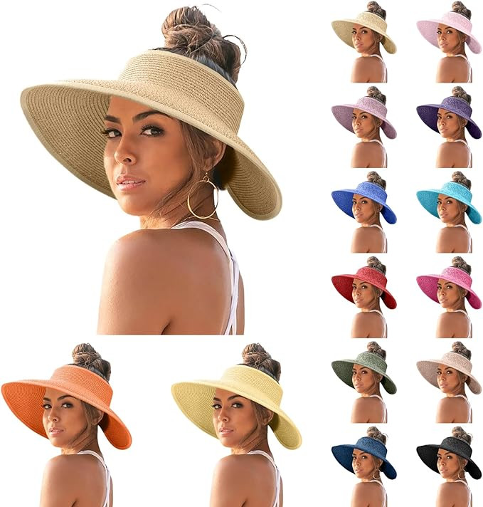 Sun Hats for Women Wide Brim Straw Roll-Up Visor Ponytail Hat Summer Beach Hat UV UPF Packable Fo... | Amazon (US)