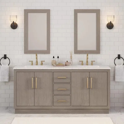 Hunner 72" Carrara White Marble Countertop Bath Vanity in Gray Oak with Faucet and Mirror | Wayfair North America
