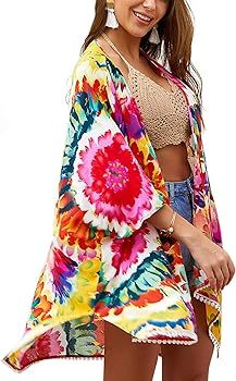 Womens 3/4 Sleeve Floral Print Swimsuit Cover Up Long Open Kimono Cardigan | Amazon (US)