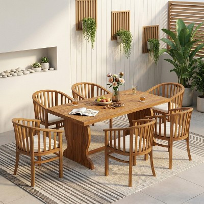 Christopher Knight Home Lestari Modern 7 Piece Acacia Patio Dining Chairs With Cushions and Rectangular Table Set, Teak/Cream | Target