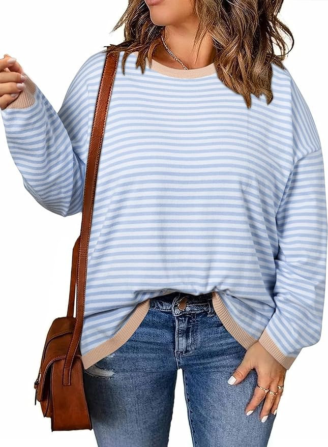 Eytino Plus Size Sweaters for Women Casual Striped Color Block Long Sleeve Round Neck Pullover Ju... | Amazon (US)