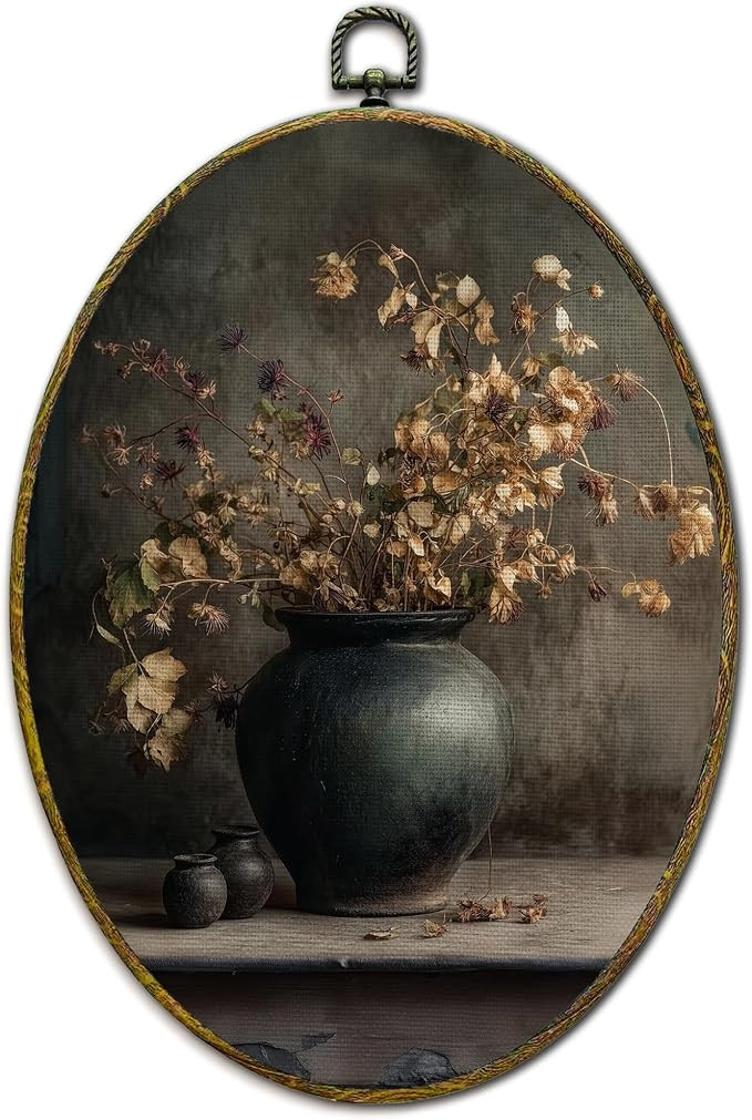 XFCICRLJ Vintage Dark Moody Dry Floral Wall Art Decor, Antique Cottagecore Botanical Oval Canvas ... | Amazon (US)