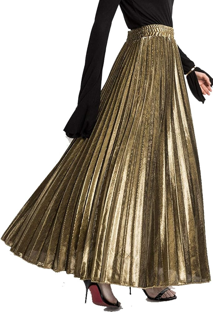Flygo Women's Casual Metallic Shiny Shimmer Pleated Swing Maxi Long Skirt | Amazon (US)