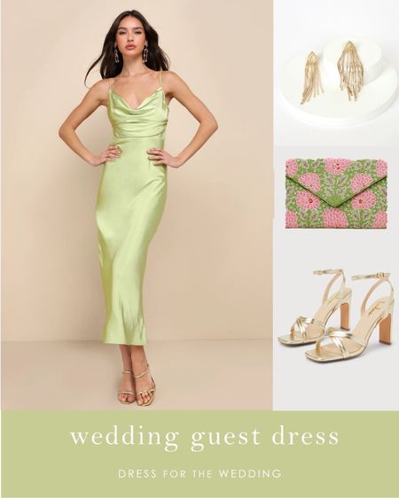 Lime green satin midi dress is a great option for spring and summer weddings with cocktail hour receptions. 💚🩷Pair it with that cute pink a green clutch! Gold block heels under $50 for a wedding guest shoe. Wedding guest dress under $100, Lulus wedding guest, spring outfit, wedding style ideas, what to wear to a wedding. 

💒 Follow Dress for the Wedding for more! wedding guest dresses, bridesmaid dresses, wedding dresses, mother of the bride dresses, cute outfits, affordable dresses, dresses under 100. 

#LTKparties #LTKfindsunder100 #LTKwedding