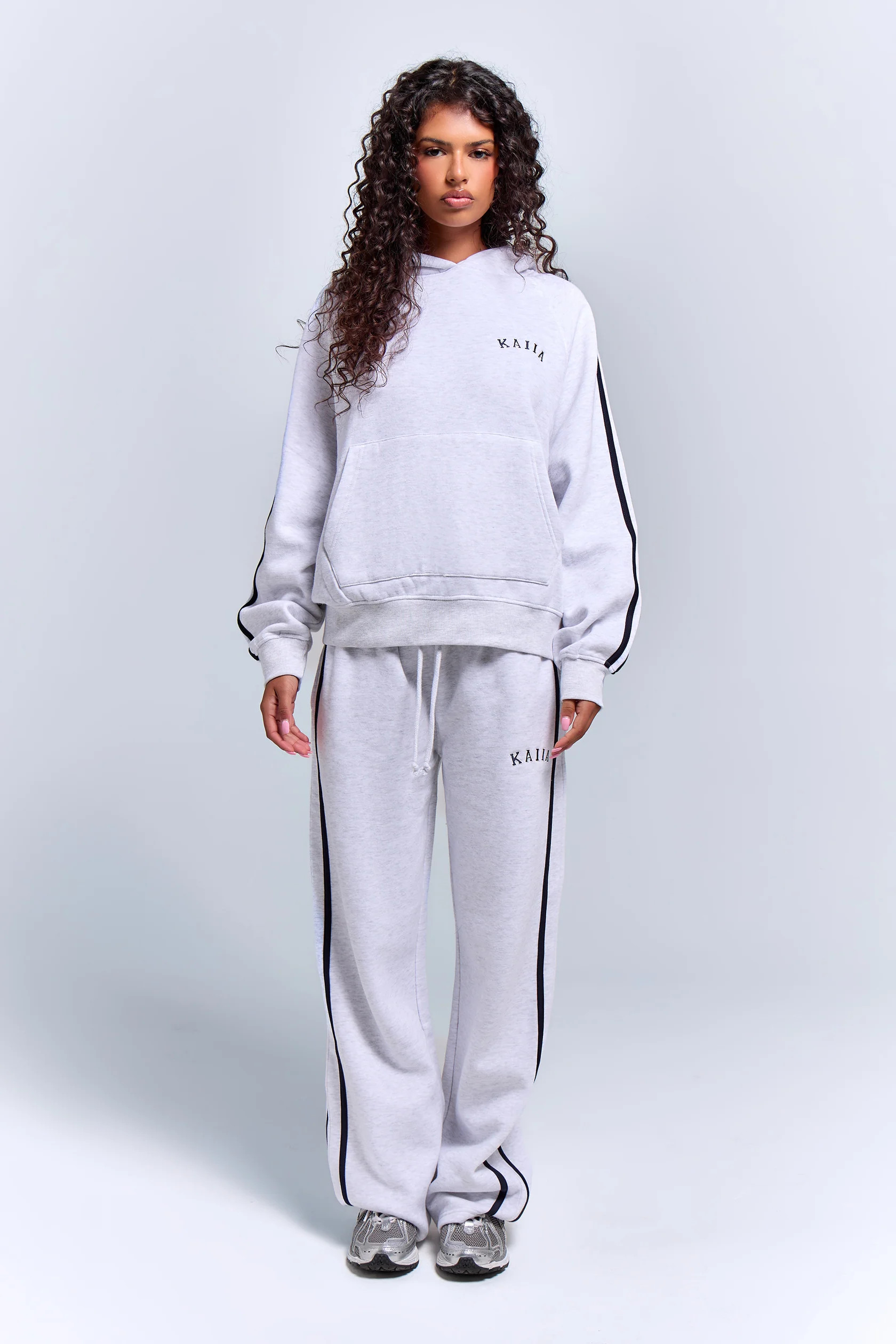 Kaiia Sport Side Stripe Wide Leg Joggers Light Grey Marl & Navy | Kaiia the Label