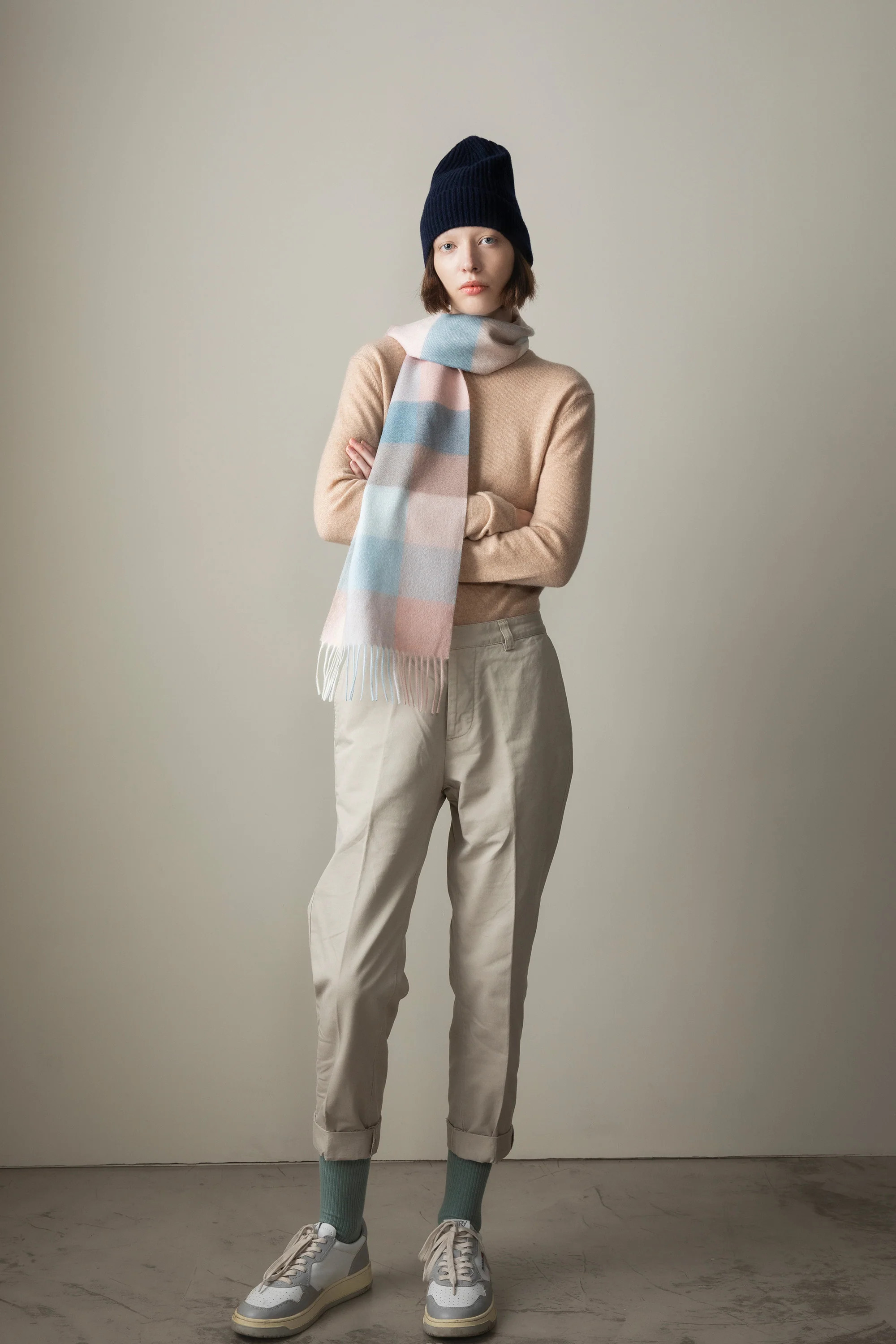 3 Square Check Lambswool Scarf - Seashell | Kiltane
