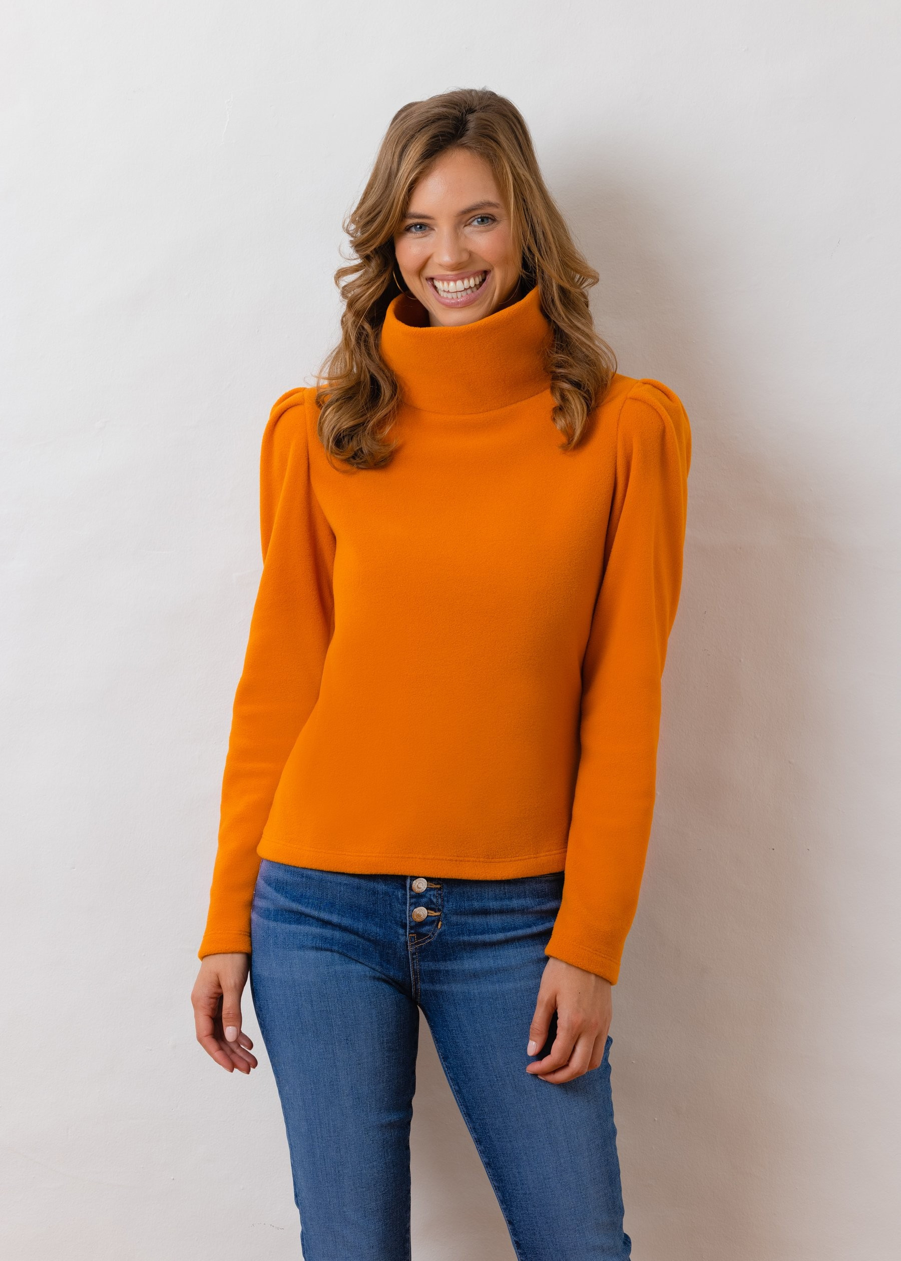 Palmer Puff Sleeve Turtleneck in Vello Fleece (Pumpkin) | Dudley Stephens