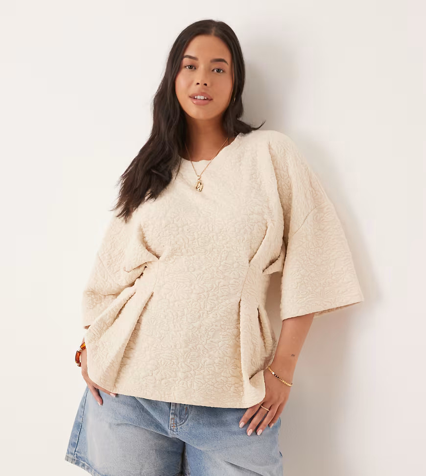 ASOS DESIGN Curve short sleeve top in cream floral jacquard-White | ASOS (Global)