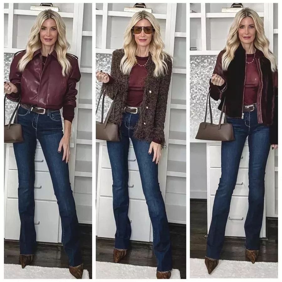 Nordstrom Rack haul ✨✨✨ I’m sharing three fabulous looks, all styled with the most incredibly slimming dark wash L’Agence jeans. These are high-waisted, straight leg, with a floor-skimming hemline and honestly… perfection. They have just the right amount of stretch so they’re super comfortable, yet they still hug your curves in all the right places. I’m obsessed with this dark wash. Look 1: A beautiful burgundy faux leather bomber jacket. I love wearing it zipped and slightly tucked under—such a rich, elevated color. Look 2: This amazing chocolate brown fringe L’Agence cardigan with luxe gold buttons. So chic and instantly pulls the whole look together. Look 3: A stunning burgundy faux fur jacket that is a total statement maker. Dramatic, cozy, and so good for winter 🤍 Everything runs true to size. I’m wearing a size 24 in the jeans and a size XS in all the jackets. Tell me—which look is your favorite: 1, 2, or 3? 

 

#LTKootd #LTKOver40 #LTKFindsUnder100