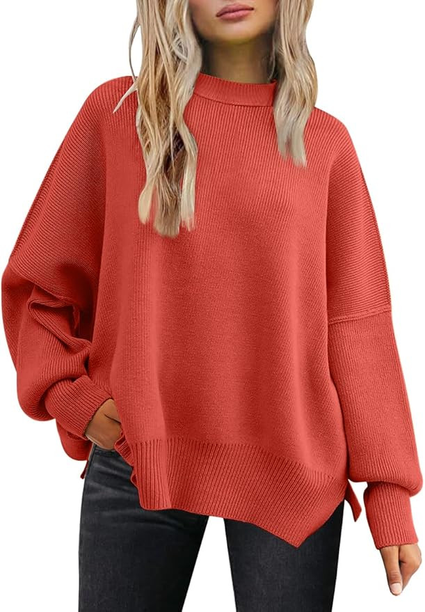 LILLUSORY Women's Crewneck Batwing Long Sleeve Sweaters 2024 Fall Oversized Ribbed Knit Side Slit... | Amazon (US)