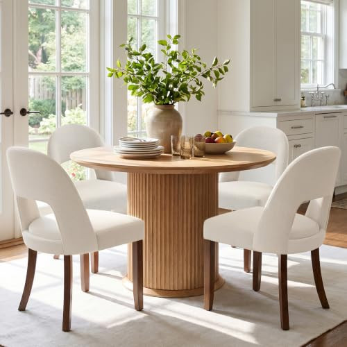 BONBEUR Wooden Dining Chairs Set of 4, Upholstered Kitchen Chairs with Walnut Wood Legs and Curved Linen Fabric Backrest, Modern Farmhouse Dining Room Chairs for Kitchen Dining Vanity, Beige | Amazon (US)
