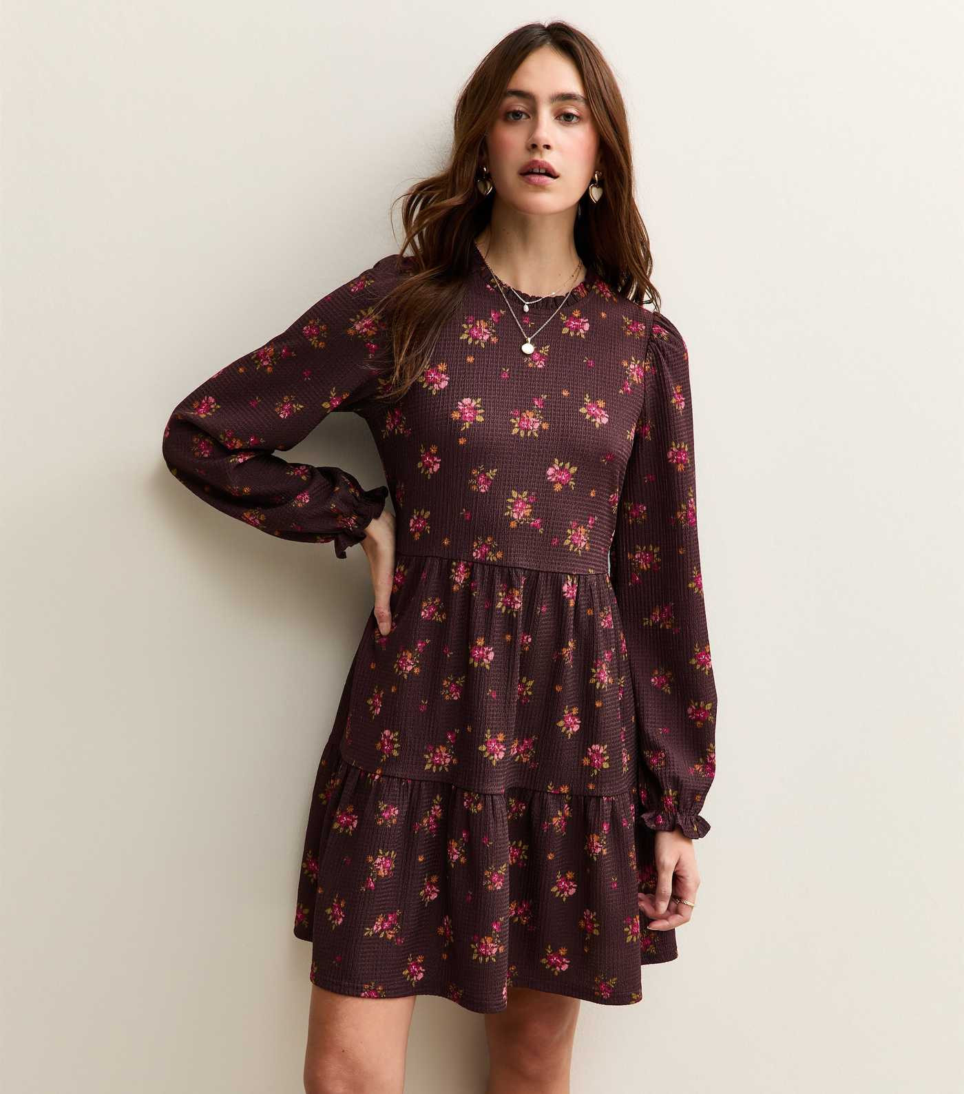 Purple Crinkle Texture Floral Print Mini Smock Dress | New Look | New Look (UK)
