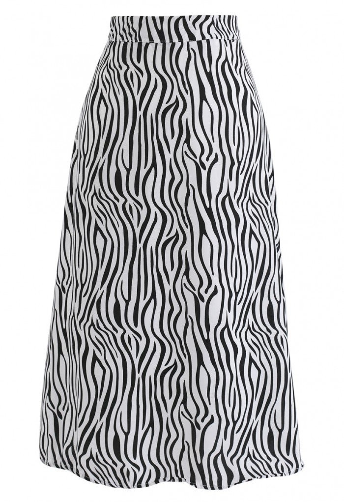 Wildlife Zebra Printed A-Line Midi Skirt in White | Chicwish