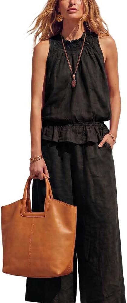 Linen Sets for Women 2 Piece Summer Outfits, Sleeveless Two Piece Sets for Women Summer Wide Leg ... | Amazon (US)