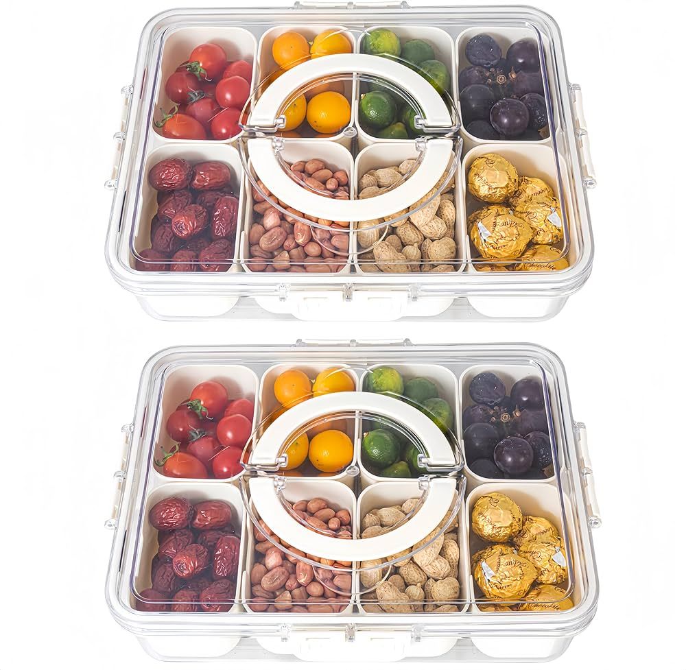Divided Serving Tray with Lid and Handle - Divided Snack Tray for Portable Snack Platters - Clear... | Amazon (US)