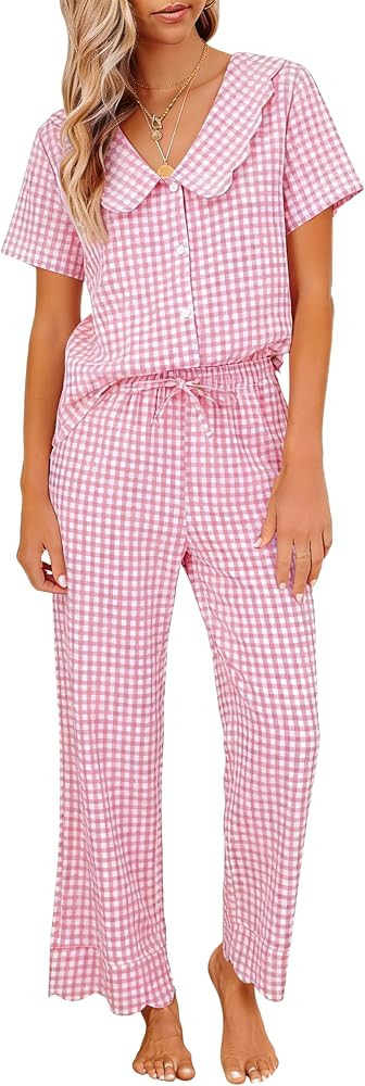 Tanming Womens Gingham 2 Piece Pajamas Sets Puff Sleeve Babydoll Shirt Ruffle Pants Pj Lounge Set... | Amazon (US)