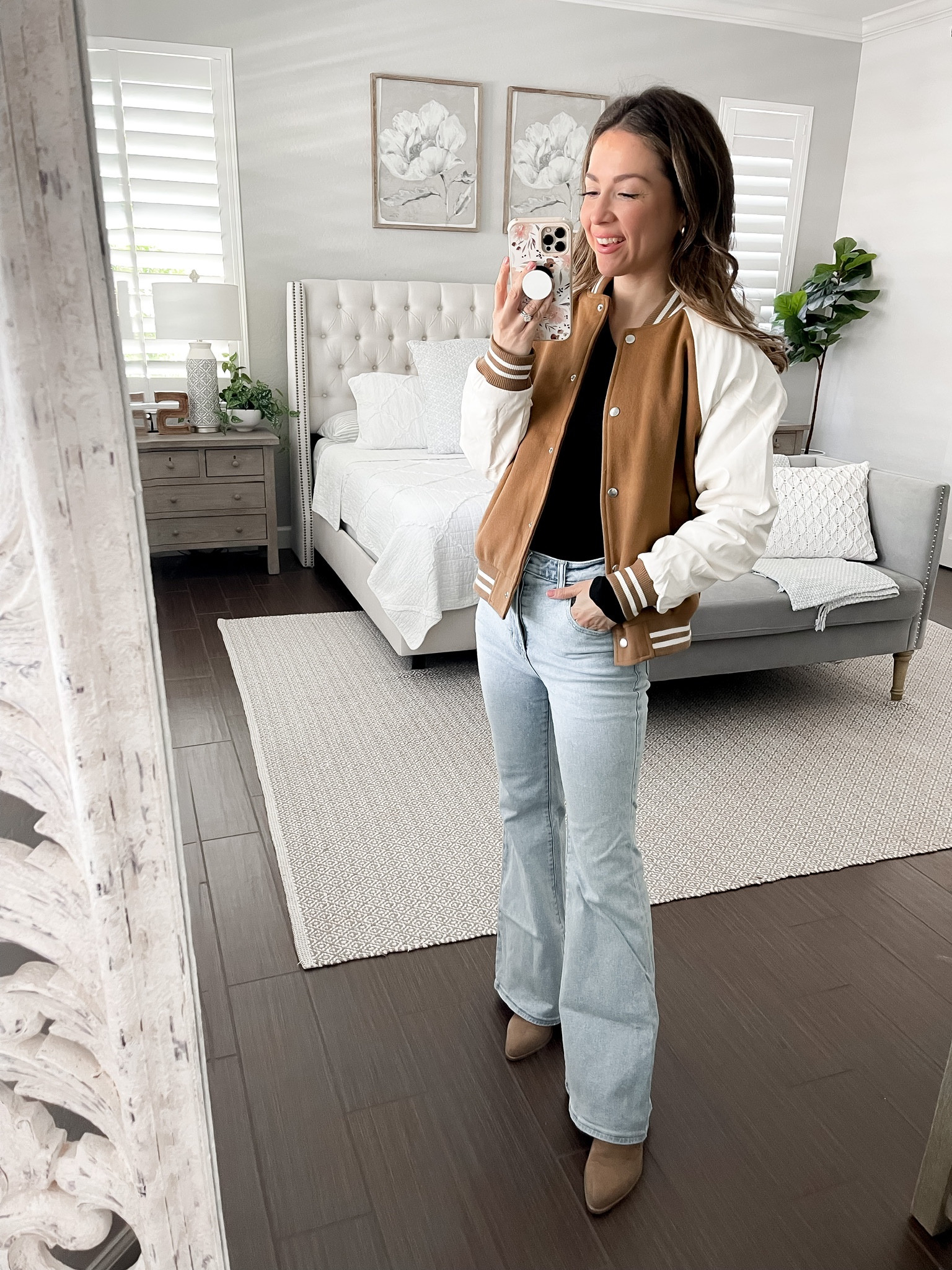 Fall varsity bomber jacket and jeans 

#LTKstyletip #LTKSeasonal #LTKunder100