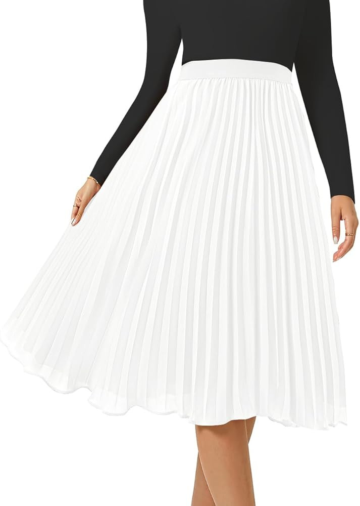 Women's Midi Skirt Elastic High Waist Pleated Skirt Knee Length Swing A-Line Casual Flowy Skirts ... | Amazon (US)