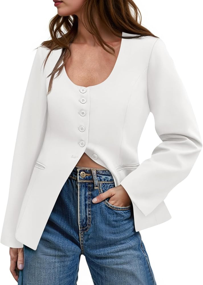 Cicy Bell Womens Business Work Casual Blazers Button Down Scoop Neck Split Hem Fitted Suit Jacket... | Amazon (US)