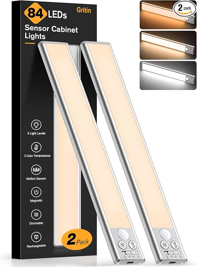 Gritin 10.2inch Under Cabinet Lighting Rechargeable -84 LED Super Bright,3-Color& 5 Level Brightn... | Amazon (US)