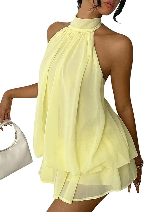 Verdusa Women's Chiffon Halter Drop Waist Wedding Guest Dresses Ruffle Summer Loose Fit Mini Dres... | Amazon (US)