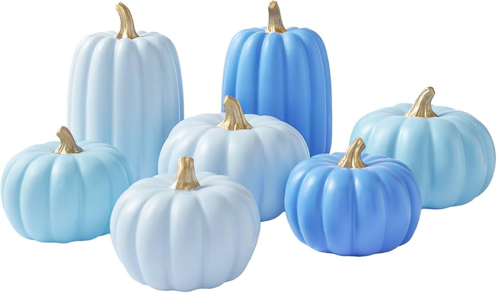 WDS WONDROUS Fall Pumpkin Decor Set of 7, Artificial Fake Blue Pumpkins with Gold Stems Decoratio... | Amazon (US)