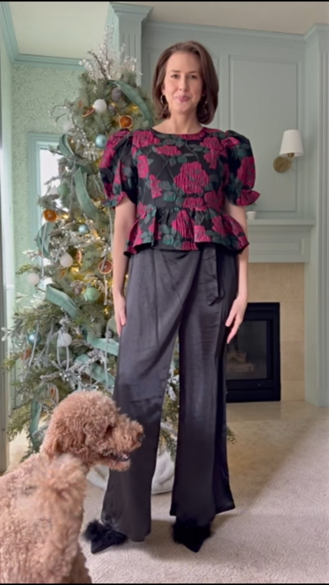 Holiday outfit: black satin pants, black feather heels, and a floral jacquard puff sleeve top.

These items are no longer sold online, but I’ve linked similar styles.

#ootd #holiday lookbook #christmas outfits #holiday style 



#LTKootd #LTKHoliday #LTKSaleAlert