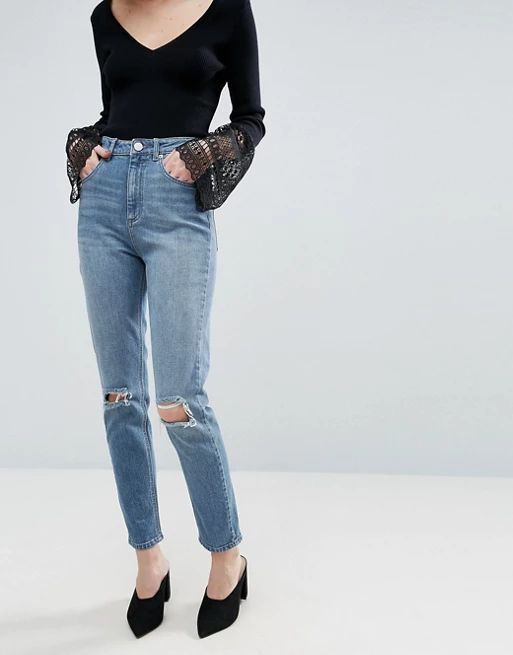 ASOS FARLEIGH High Waist Slim Mom Jeans in Prince Wash With Busted Knees | ASOS US