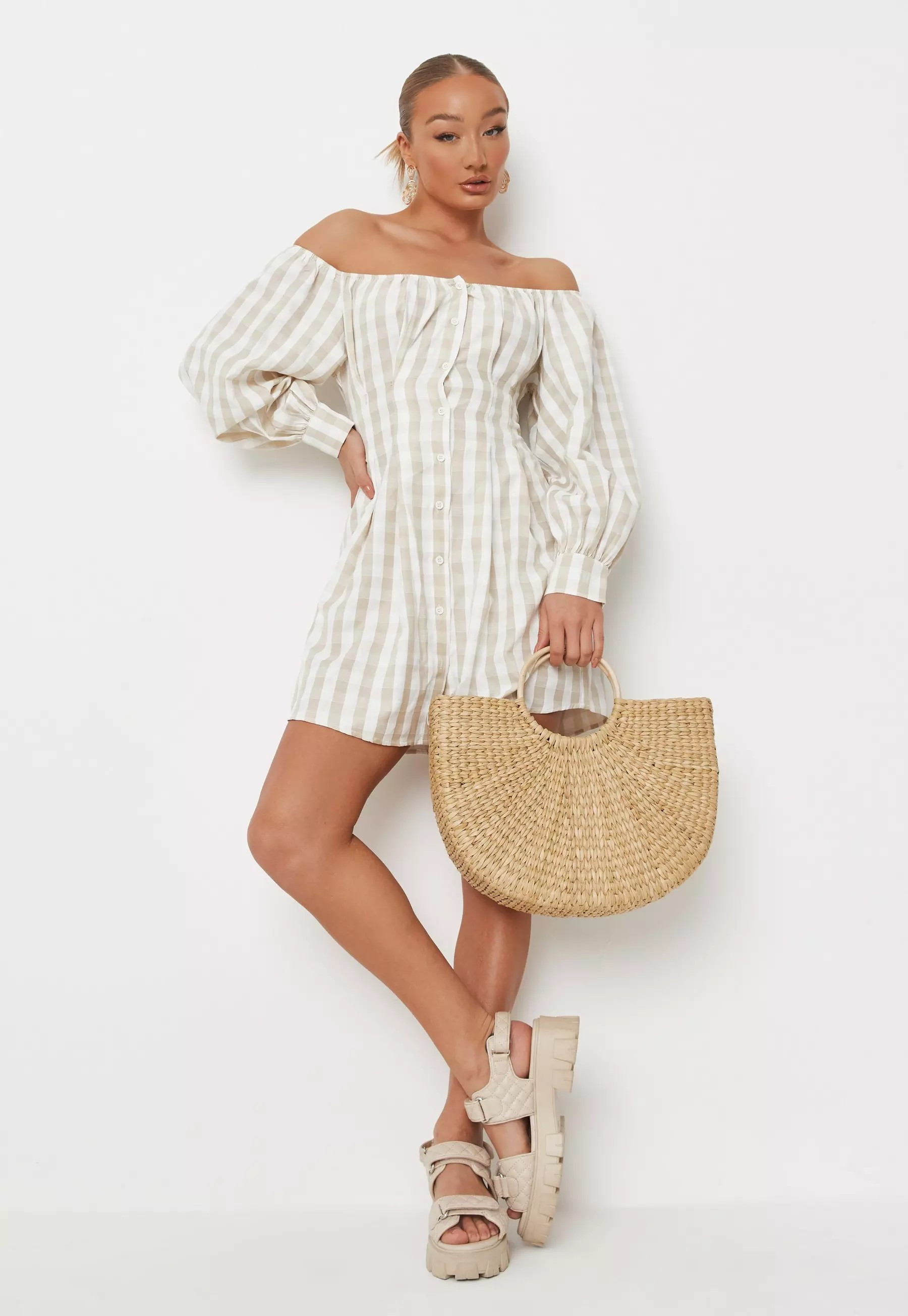 Tall Green Gingham Pleated Bardot Shirt Dress | Missguided (US & CA)