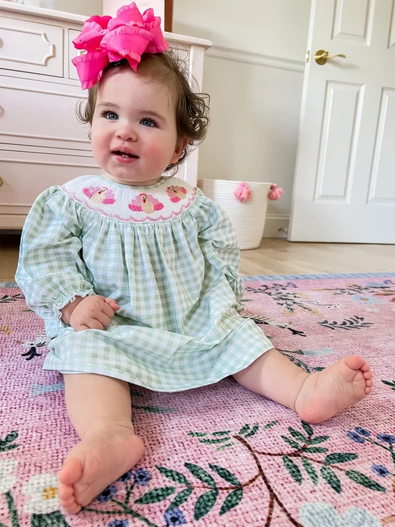 Emilia Turkey Dress - Thanksgiving Smocked Bishop Dress - Green Gingham Smocked Dress - Girl Outf... | Etsy (US)