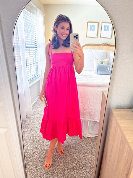 Pretty pink summer dress! I sized up 1 size to a US 4. 

Wedding guest dress // summer dress // midi dress 

#LTKwedding #LTKstyletip