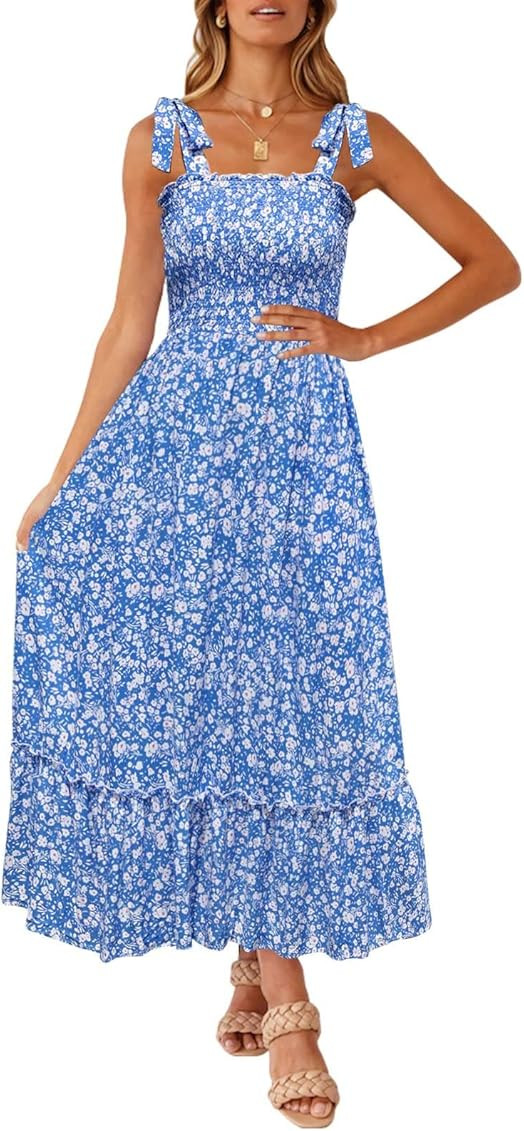 ZESICA Women's Boho Summer Floral Print Tie Straps Sleeveless Square Neck Smocked Flowy Ruffle A Lin | Amazon (US)