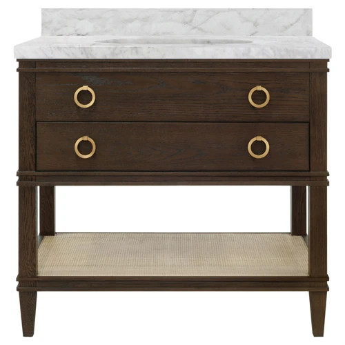 Worlds Away Cutler French Country White Marble Cane Dark Brown Oak Vanity Sink - 37" | Kathy Kuo Home