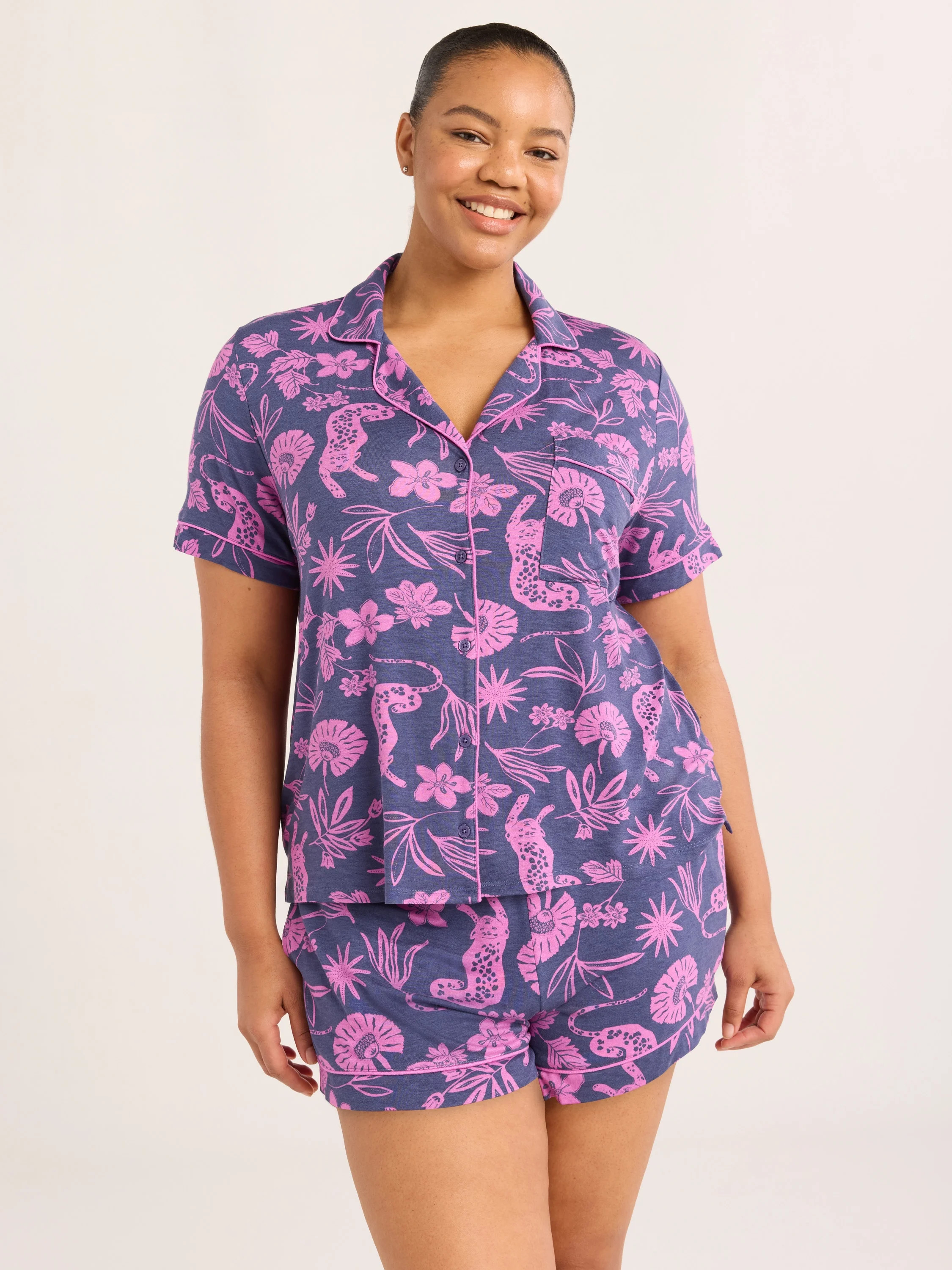 Joyspun Women’s Notch Collar Top and Shorts Pajama Set with Piping, 2-Piece, Sizes XS-3X | Walmart (US)