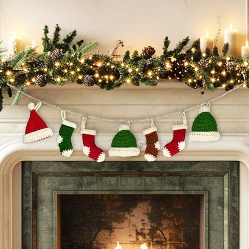 Christmas Crochet Stockings Decoration Knit Christmas Banner Hanging Rustic Xmas Decorations for Mantle Fireplace Mini Stockings Ornament for Xmas Tree Mantel Stairs Decor | Amazon (US)