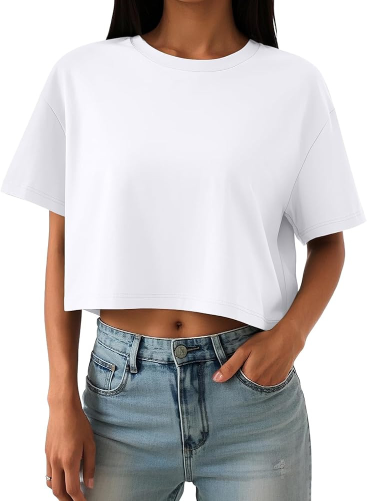 Trendy Queen Womens Crop Tops Oversized Workout Tshirts Short Sleeve Tees Summer Spring 2025 Casu... | Amazon (US)