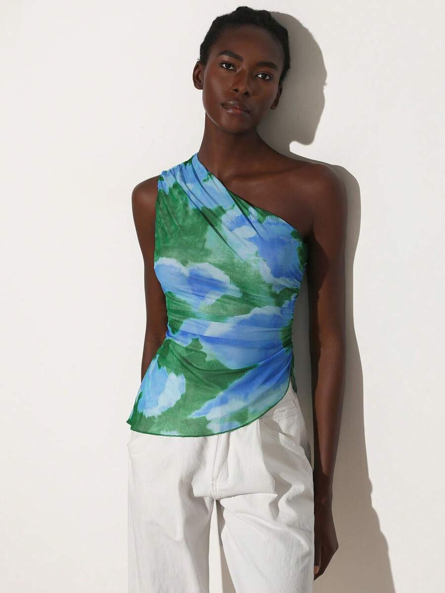 Aveloria Modichic Random Tie-Dye Mesh Fabric Print Ruched Slim Fit Asymmetric Elegant Summer Tank... | SHEIN
