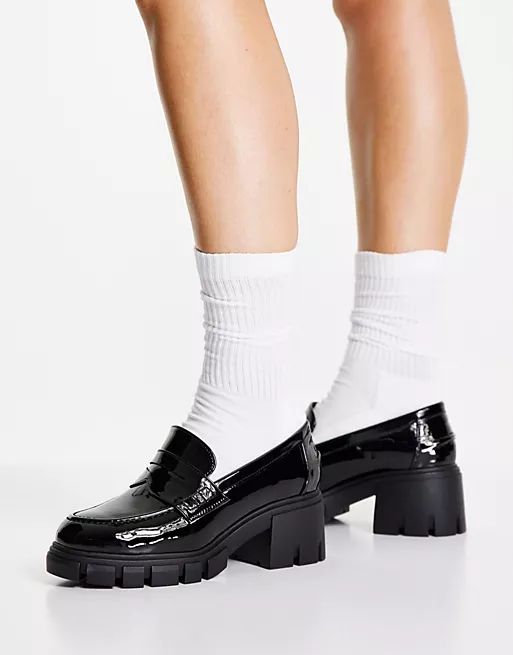 ASOS DESIGN Storm chunky mid heeled loafers in black patent | ASOS | ASOS (Global)