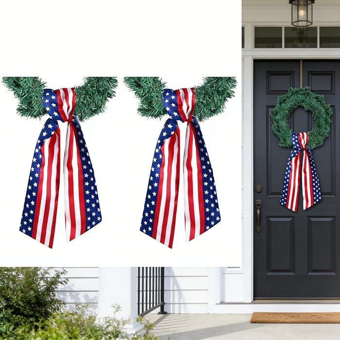 4th of July Wreath Sash for Front Door, 2pcs Red White and Blue Stripe Patriotic Wreath Satin Sas... | Amazon (US)
