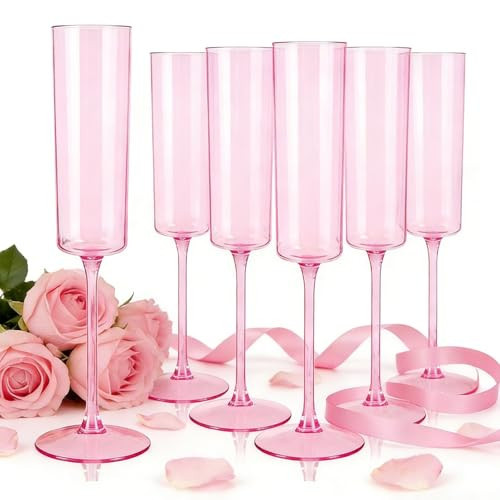 YOUBET 24 Pack Pink Plastic Champagne Flutes - 6 Oz Clear Pink Champagne Glasses - Square Plastic Toasting Glasses for Party Birthday Anniversary Wedding Valentines Day | Amazon (US)