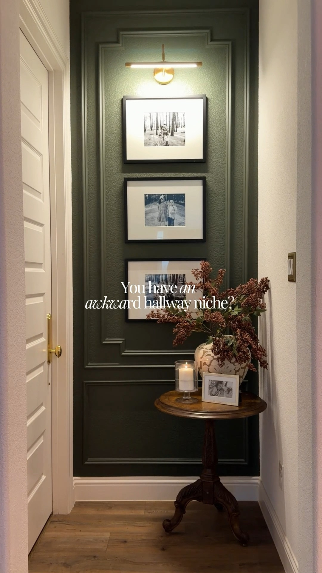 Wall color: Vintage Vogue by Benjamin Moore

Door hardware, moody wall, accent table, bell, vase, candle holder, faux fall stems, autumn decor, frames, picture light, trim moulding, home diy project

#LTKvlog #LTKHome #LTKSaleAlert